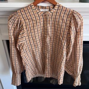 DÔEN Scarlet Blouse Orange Meringue Plaid Cotton Top Shirt Size XS